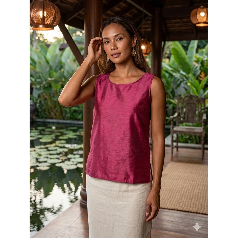 Vintage Thai Silk Tank Top Magenta Pink Sleeveless Scoop Neck Shell Size Large